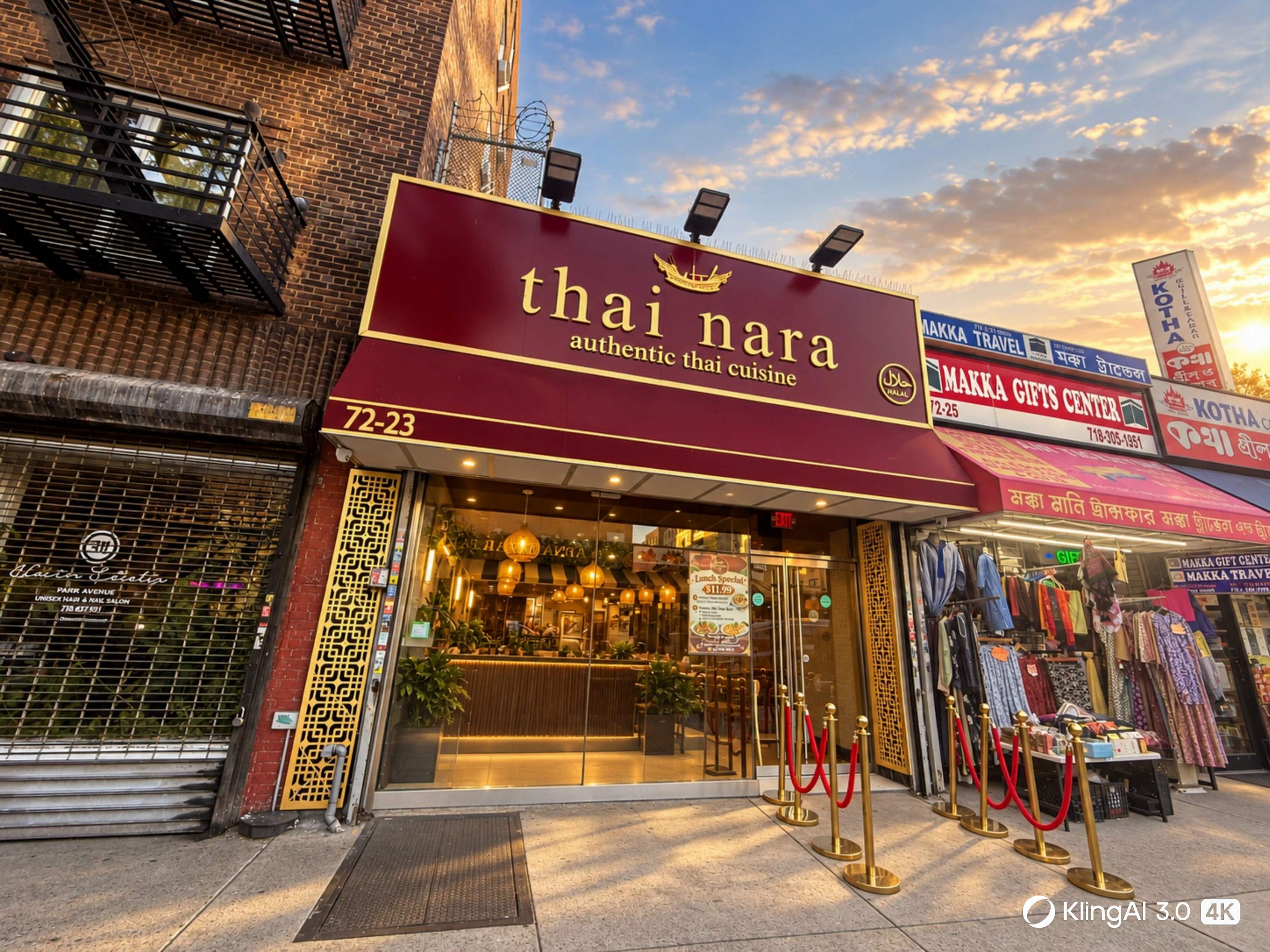 Thai Nara storefront: burgundy awning with gold lettering reading "thai nara, authentic thai cuisine", glass front, carved gold lattice panels and brass stanchions with red ropes.