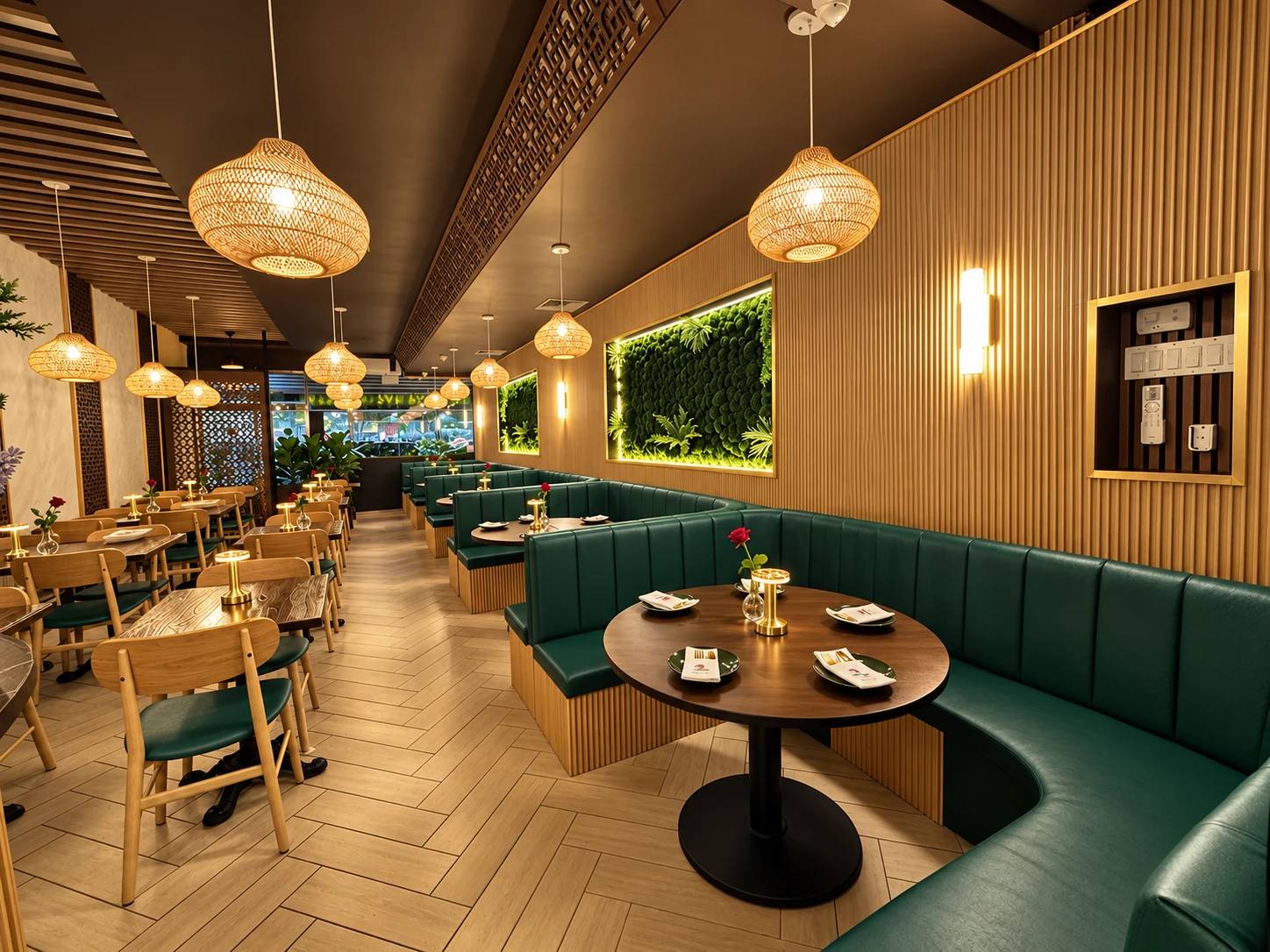 Curved green booth with a round table, woven lamps and a moss wall on a wood-slat wall.
