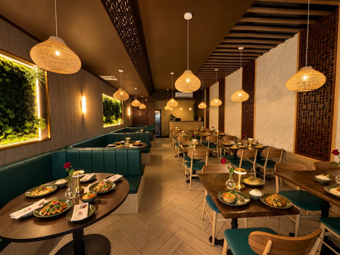 Dining room looking toward the rear: green leather booths on the left, wood tables and chairs on the right, woven pendant lamps and a lit moss wall.