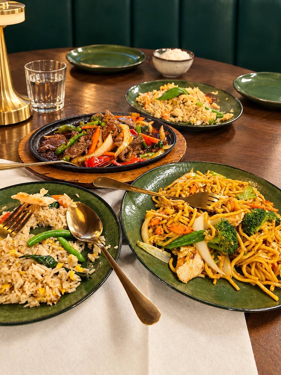 Three plates on a wood table: fried rice with greens, stir-fried beef with peppers on a hot plate, and noodles with chicken and broccoli.